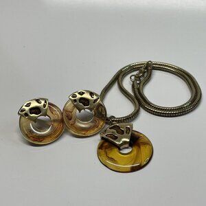 Faux Tortoise Necklace & Earring Set Acrylic Gold Tone Round Pendant Snake Chain